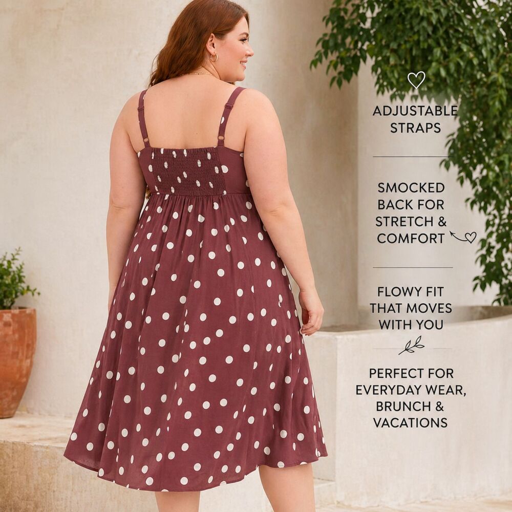 Torrid Midi Challis Dress 2X Brown Polka Dot Button Smocked Sweetheart Pockets - Picture 6 of 12